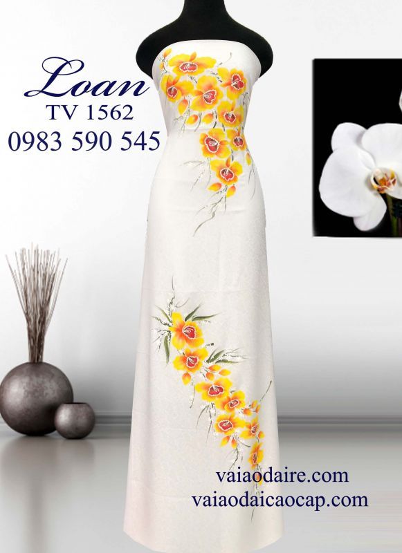 Vải áo dài tơ tằm vẽ hoa Lan