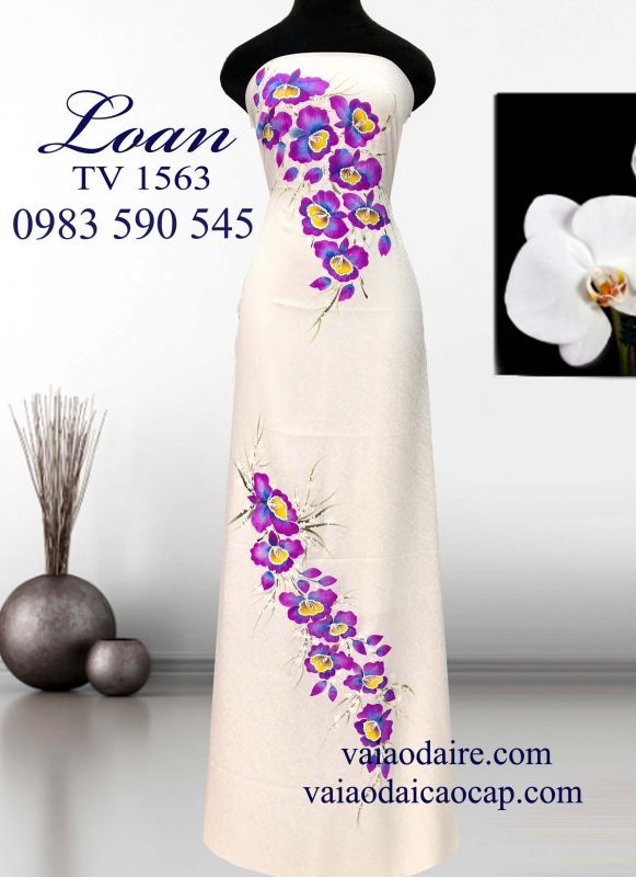Vải áo dài tơ tằm vẽ hoa Lan