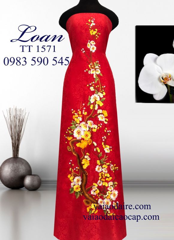 Vải áo dài Tơ Tằm thêu hoa Tết