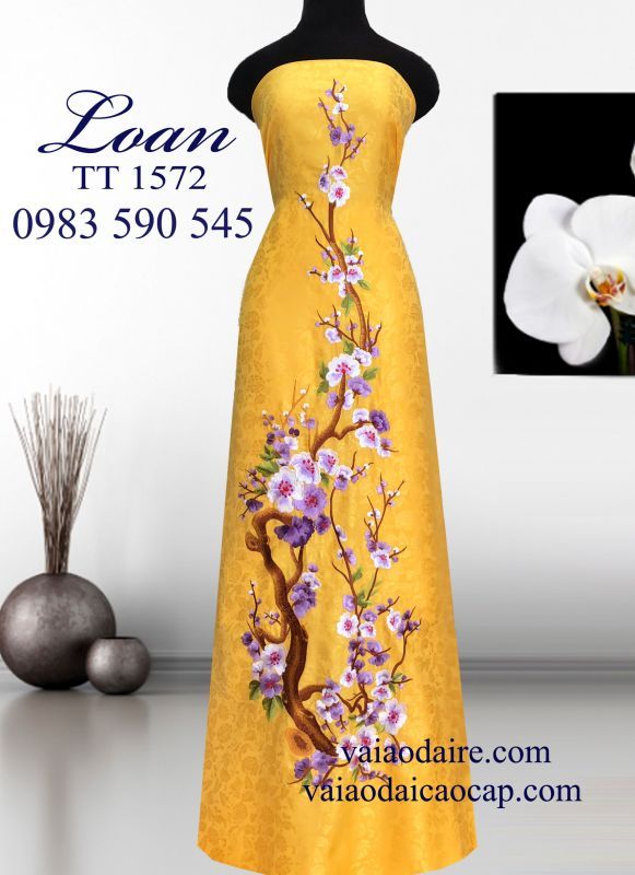 Vải áo dài Tơ Tằm thêu hoa Tết