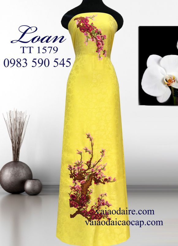Vải áo dài thêu hoa Mai