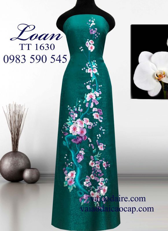 Vải áo dài tơ tằm thêu cành Đào