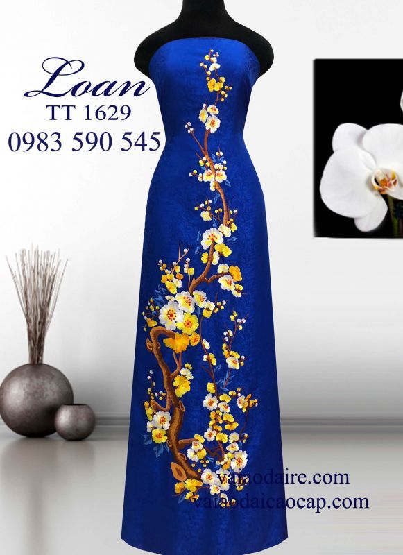 Vải áo dài tơ tằm thêu cành Đào