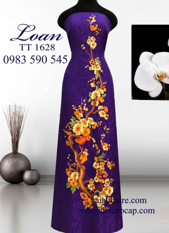 Vải áo dài tơ tằm thêu cành Đào