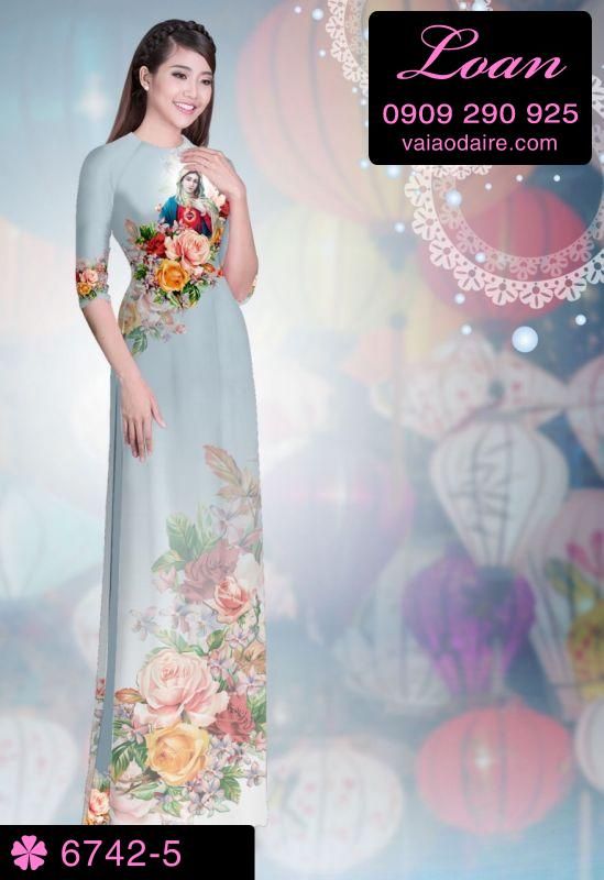 Vải áo dài hình Đức Mẹ Maria