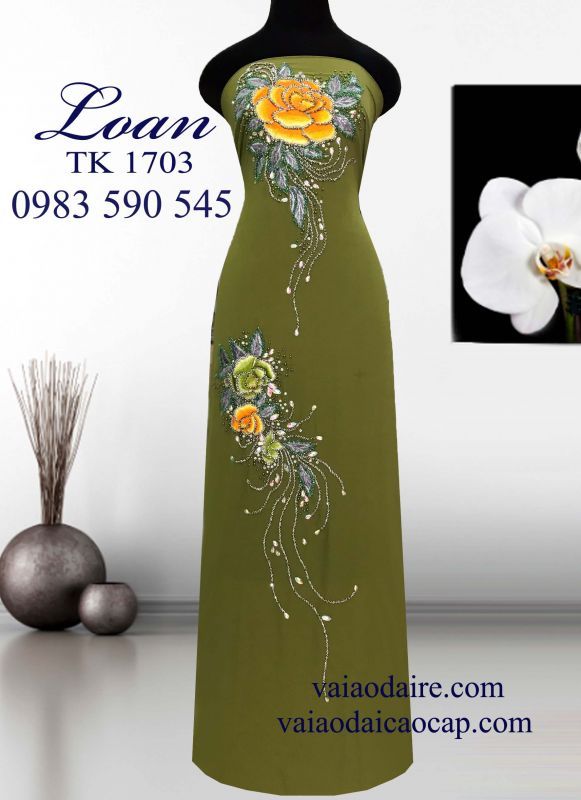 Vải áo dài hoa hồng kết hạt