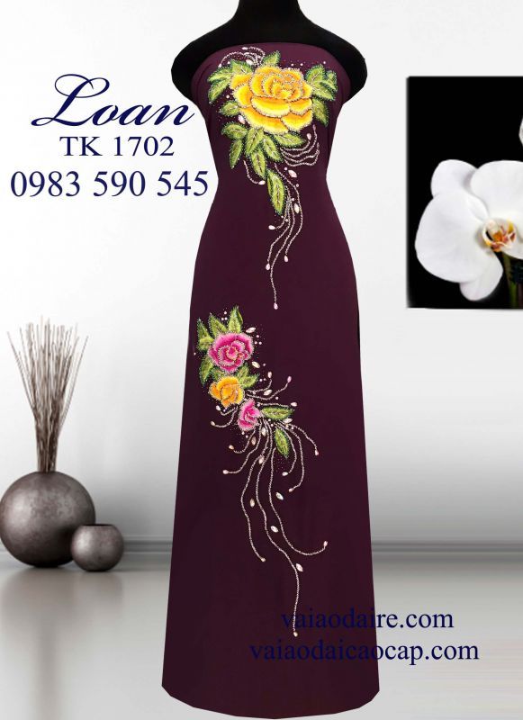 Vải áo dài hoa hồng kết hạt