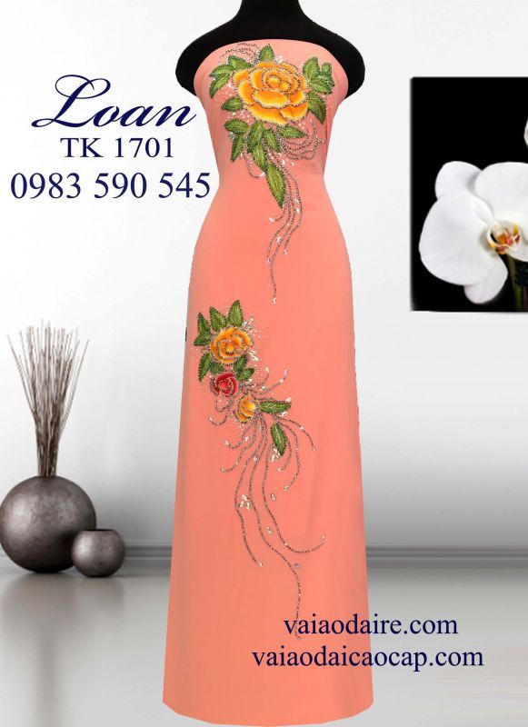 Vải áo dài hoa hồng kết hạt