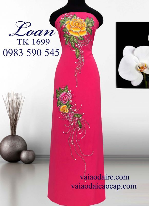 Vải áo dài hoa hồng kết hạt