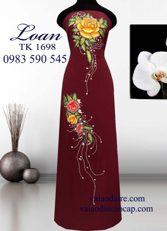 Vải áo dài hoa hồng kết hạt