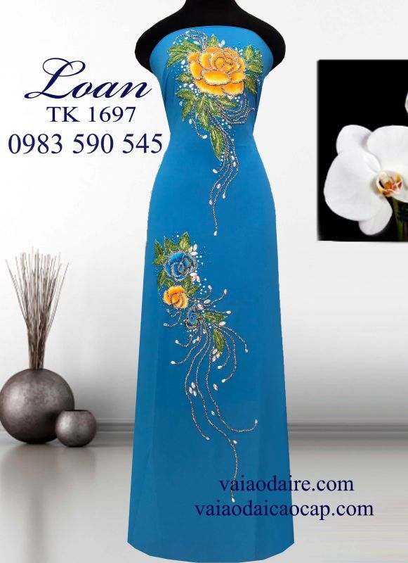 Vải áo dài hoa hồng kết hạt