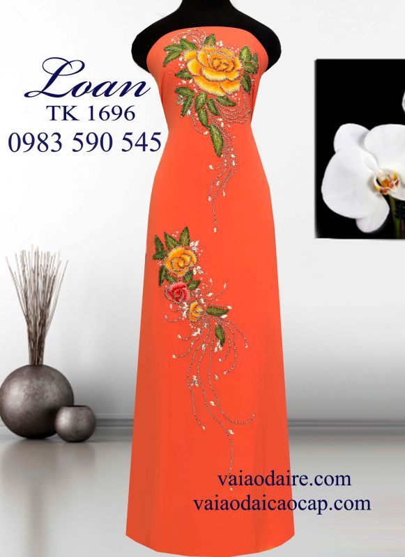 Vải áo dài hoa hồng kết hạt