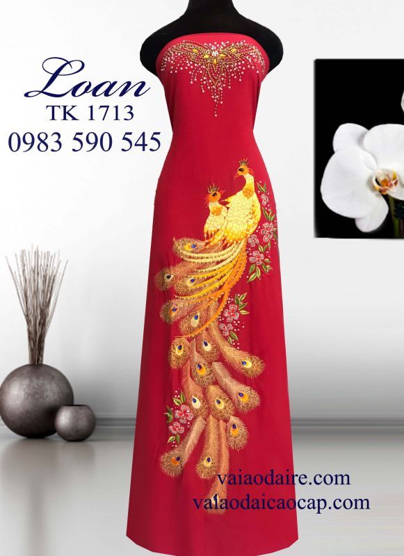 Vải áo dài thêu kết chim công