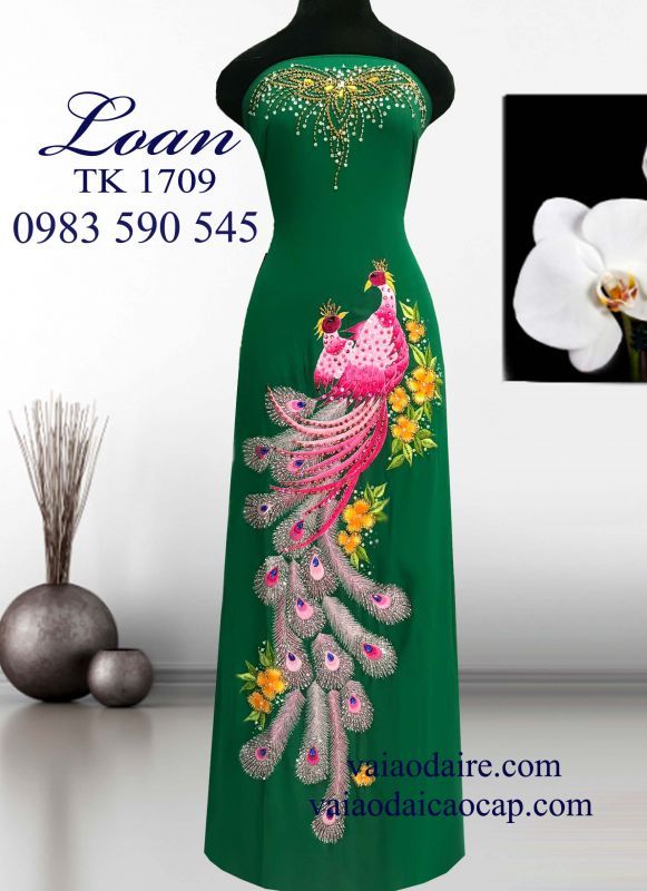 Vải áo dài thêu kết chim công