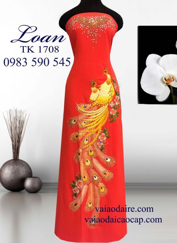 Vải áo dài thêu kết chim công