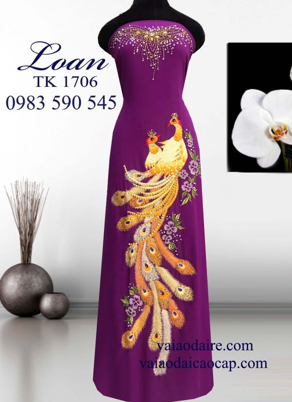 Vải áo dài thêu kết chim công
