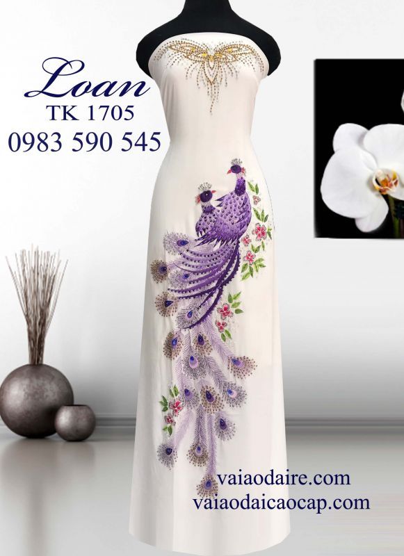 Vải áo dài thêu kết chim công