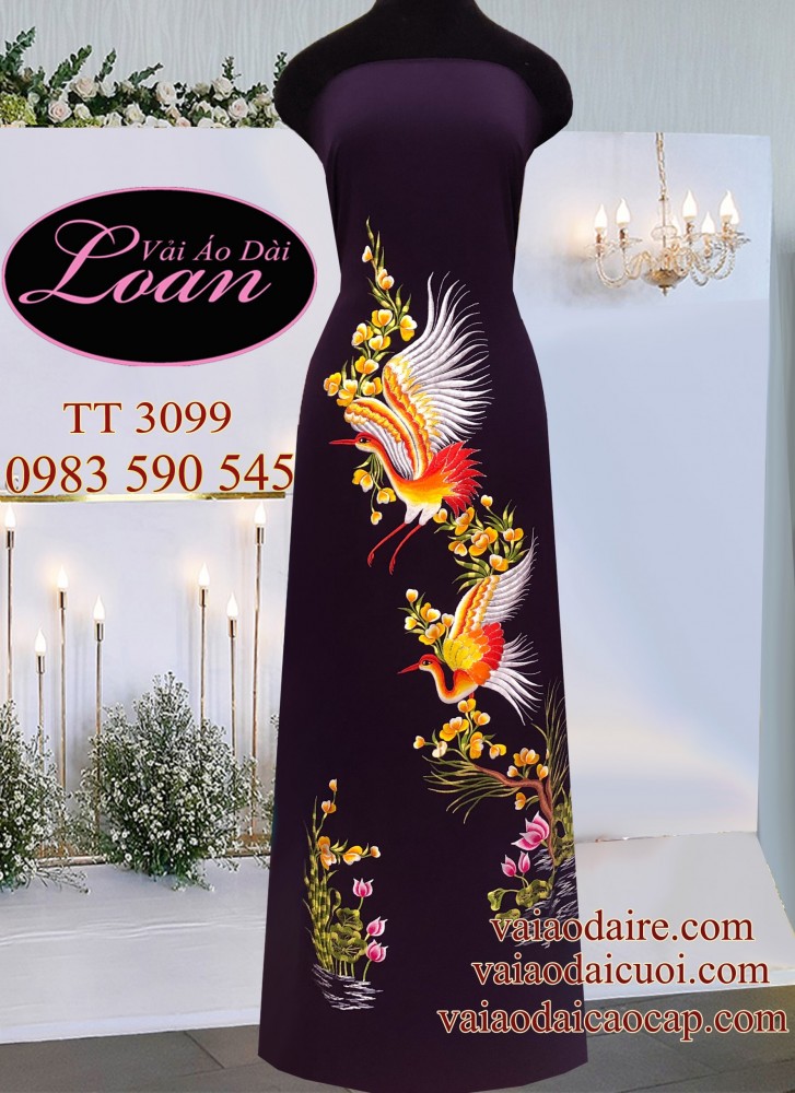 Vải áo dài thêu Hạc