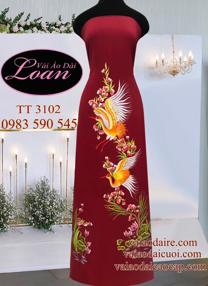 Vải áo dài thêu Hạc