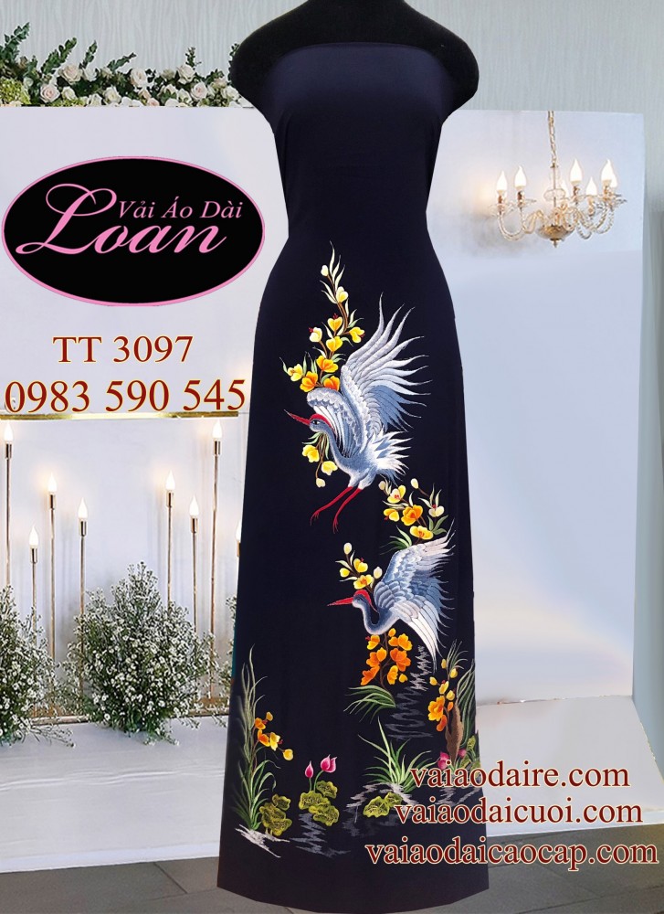 Vải áo dài thêu Hạc