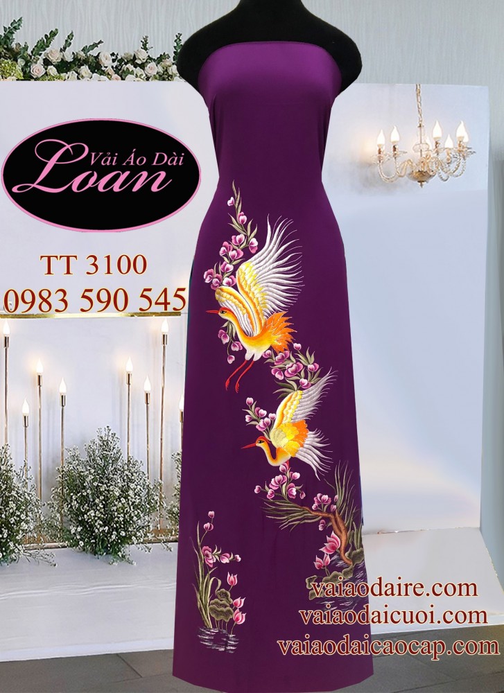 Vải áo dài thêu Hạc