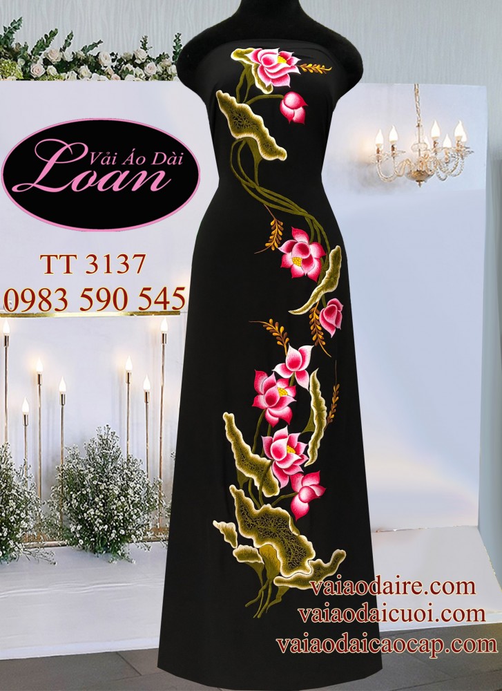 Vải áo dài thêu hoa Sen