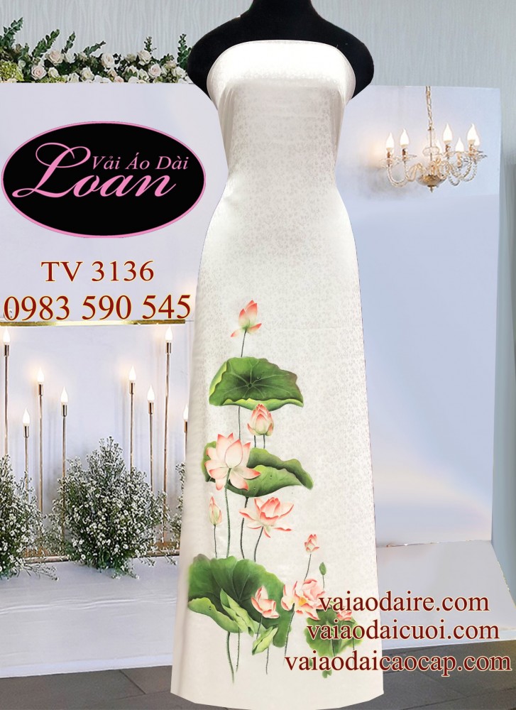 Vải áo dài Tơ Tằm vẽ hoa Sen