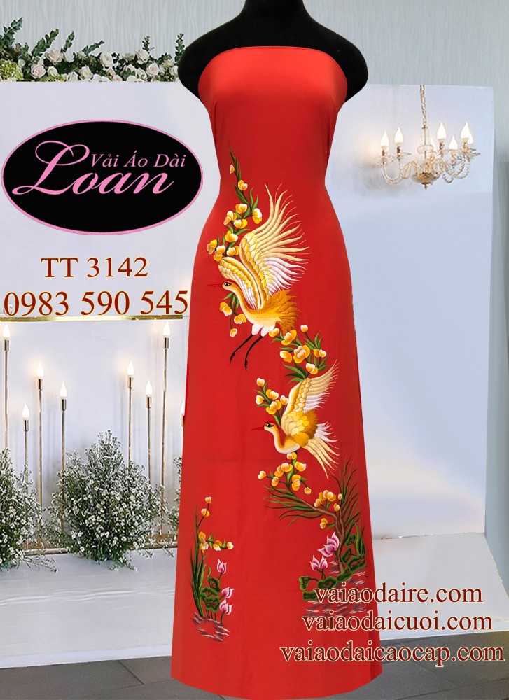 Vải áo dài thêu Hạc