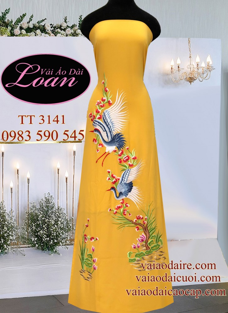 Vải áo dài thêu Hạc