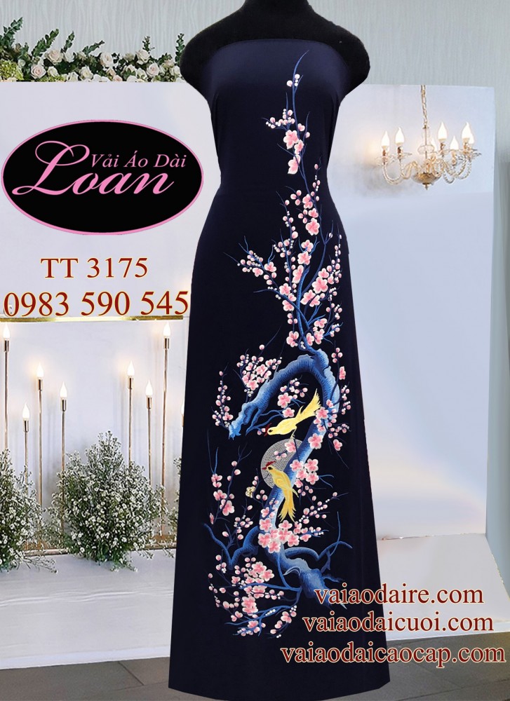 Vải áo dài thêu hoa Đào