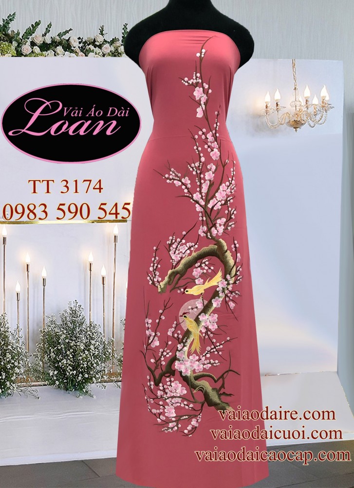 Vải áo dài thêu hoa Đào