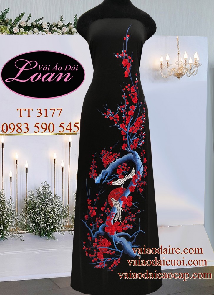 Vải áo dài thêu hoa Đào