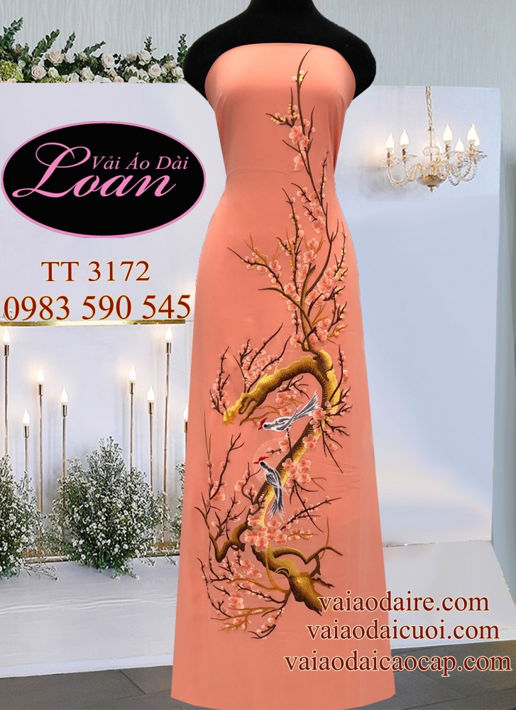 Vải áo dài thêu hoa Đào