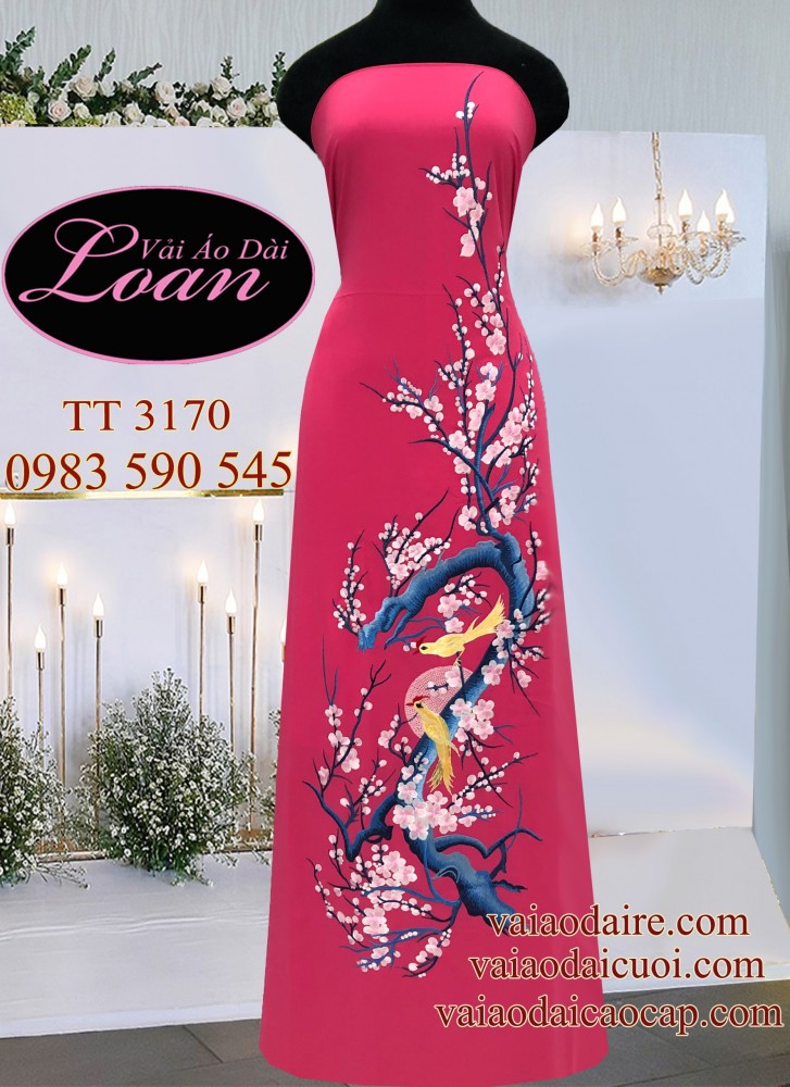 Vải áo dài thêu hoa Đào