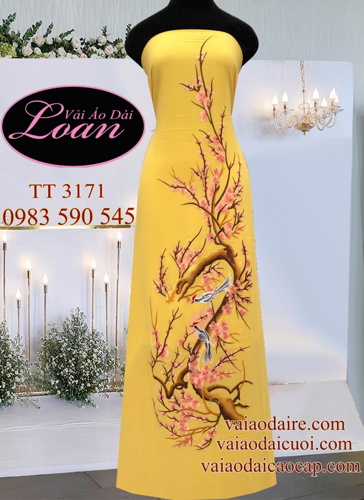 Vải áo dài thêu hoa Đào