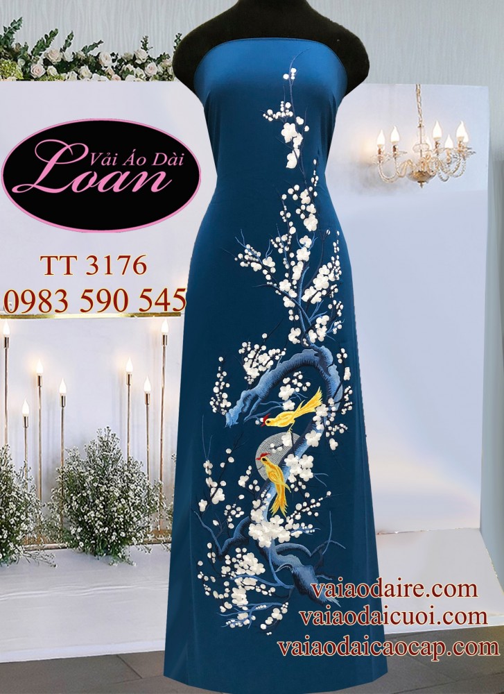 Vải áo dài thêu hoa Đào