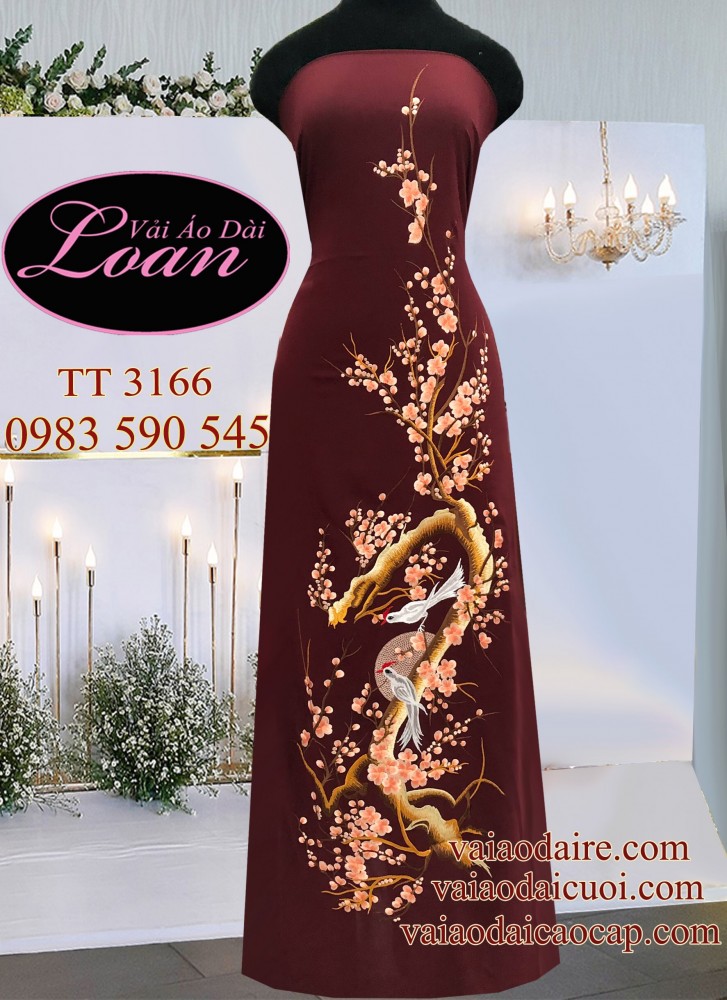 Vải áo dài thêu hoa Đào
