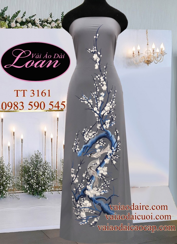 Vải áo dài thêu hoa Đào