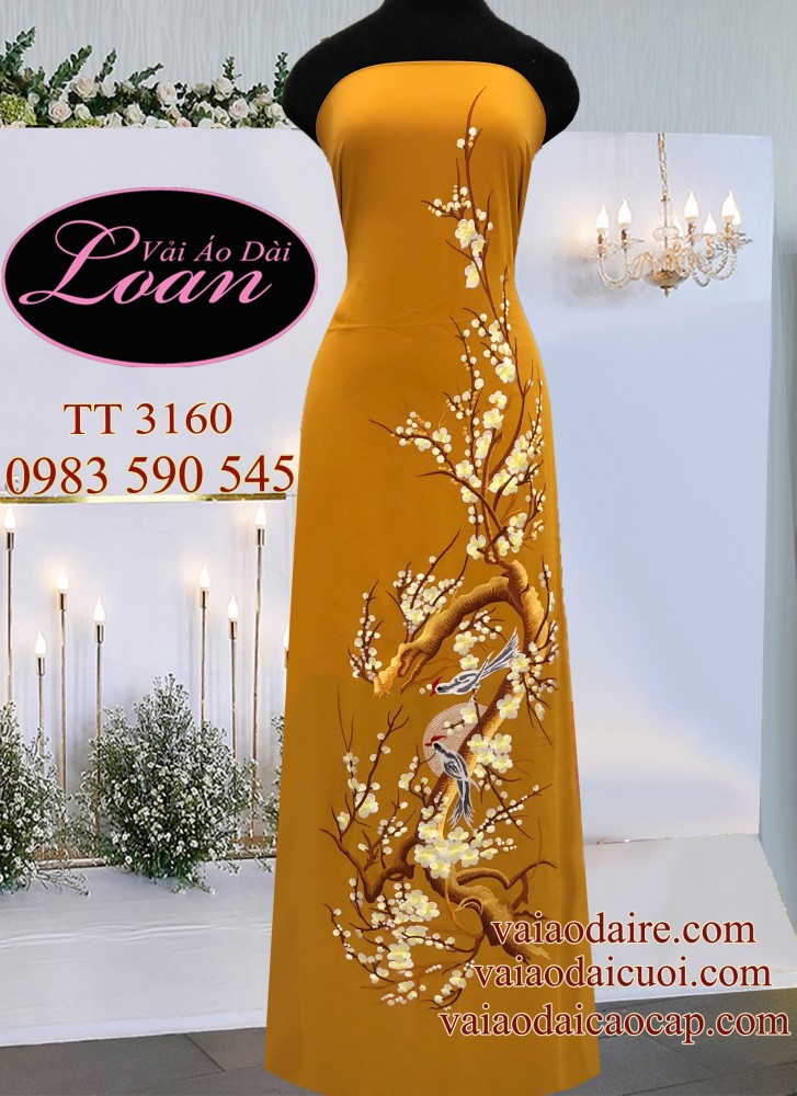 Vải áo dài thêu hoa Đào