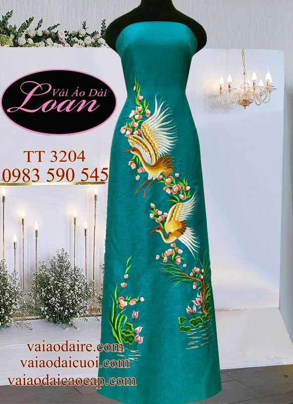 Vải áo dài tơ tằm thêu Hạc