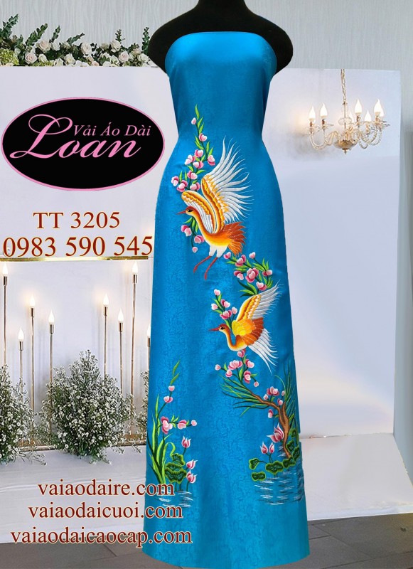 Vải áo dài tơ tằm thêu Hạc