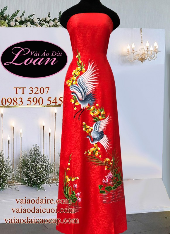 Vải áo dài tơ tằm thêu Hạc