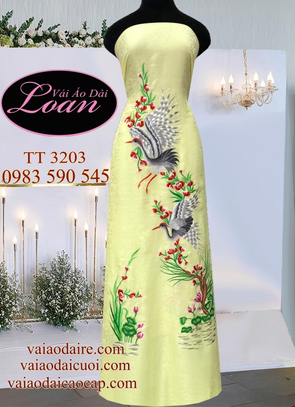 Vải áo dài tơ tằm thêu Hạc