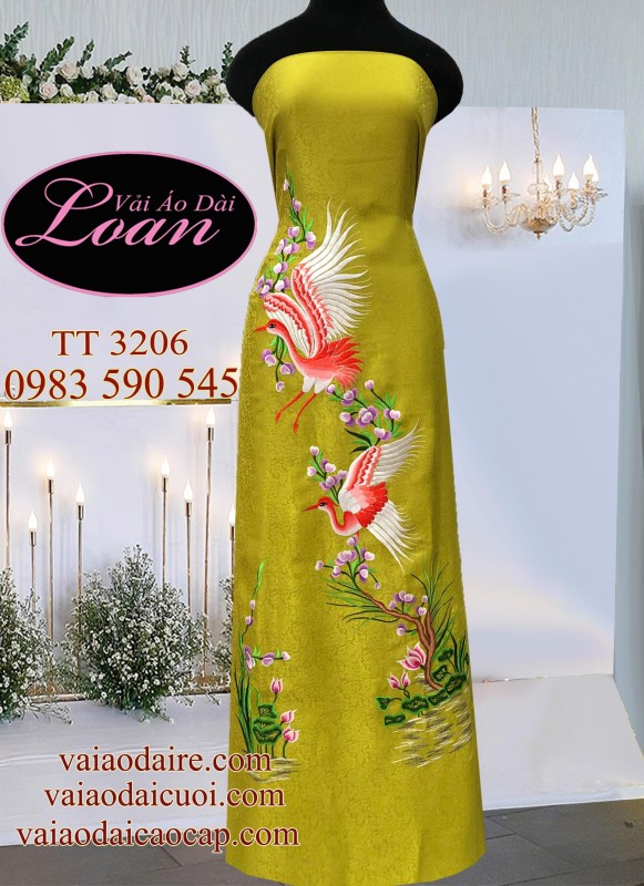 Vải áo dài tơ tằm thêu Hạc