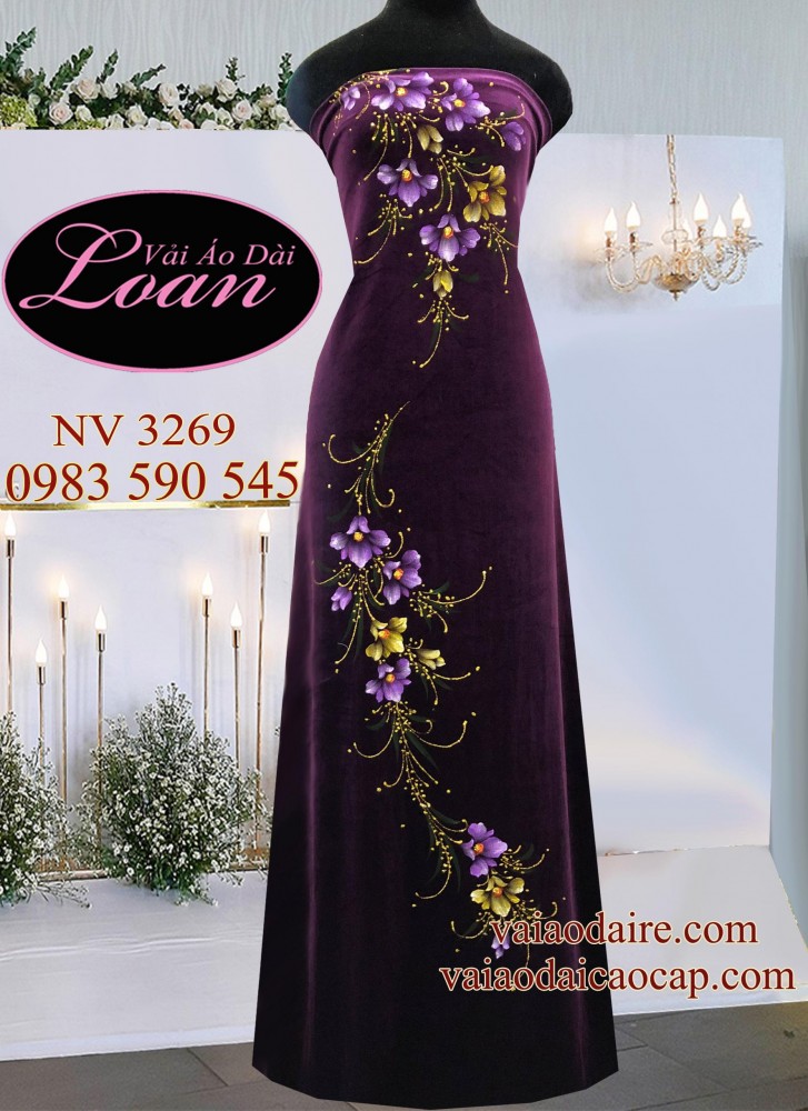 Vải áo dài Nhung thun vẽ hoa