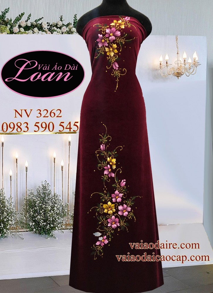 Vải áo dài Nhung thun vẽ hoa