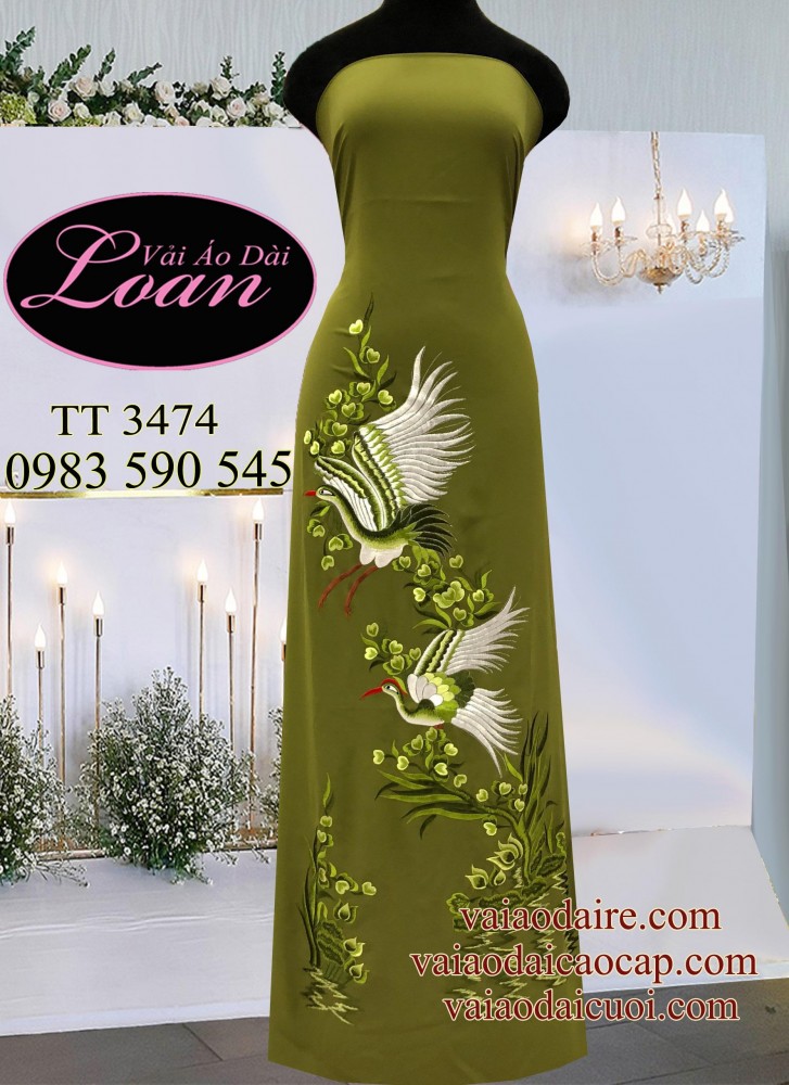 Vải áo dài thêu Hạc